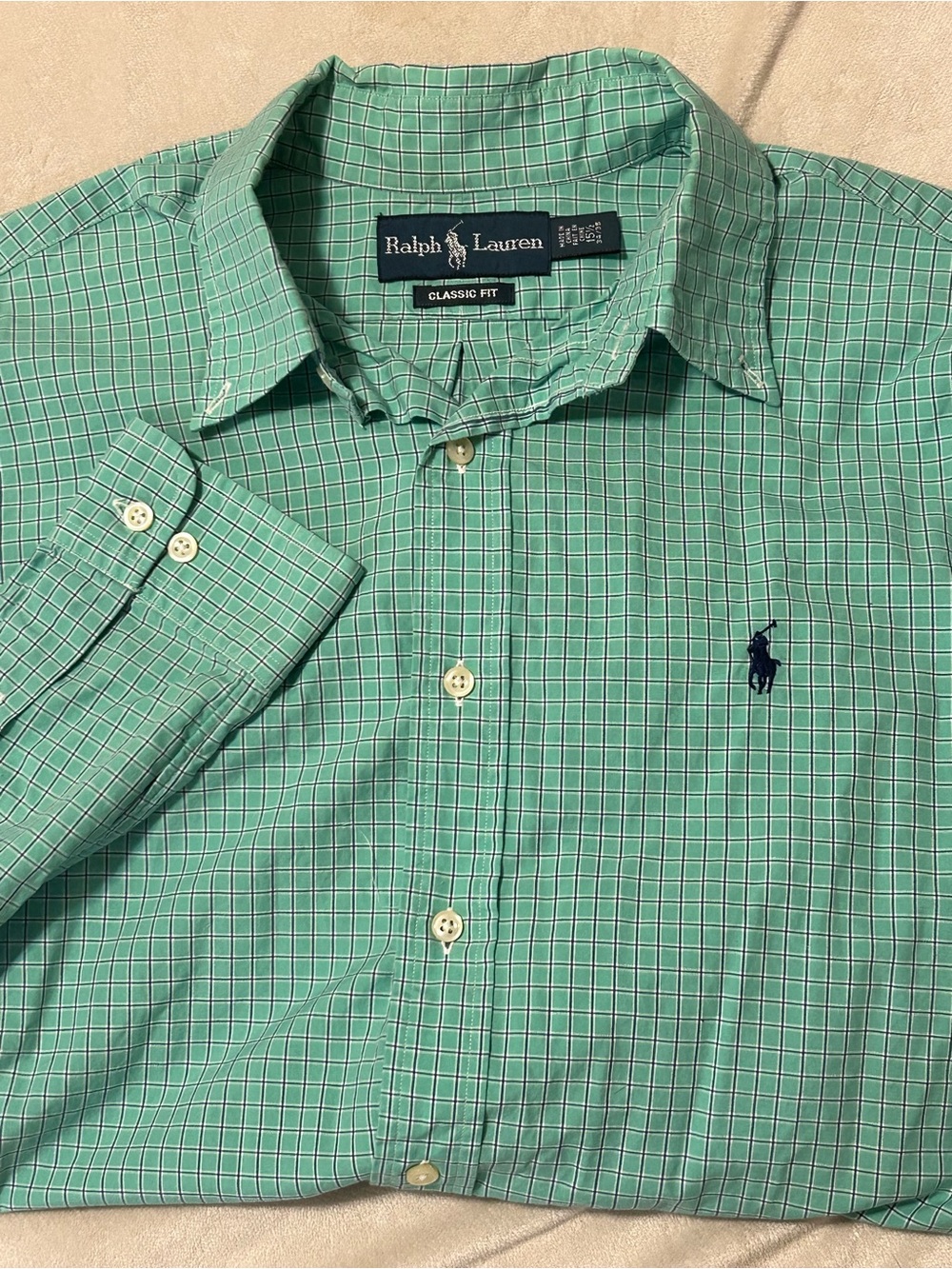 Polo Ralph Lauren Classic Fit Mens M 15.5 Green Grid Check LS Dress Button Shirt
